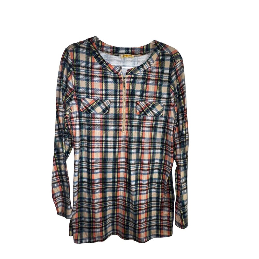 Baikea Plaid Long‎ Sleeve Shirt Xl With Zipper & Pockets Stretch Western Preppy